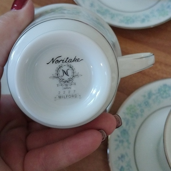 Noritake Milford Footed Cups + Saucers Set, Blue Flowers on White Pattern 2227 - Picture 5 of 12